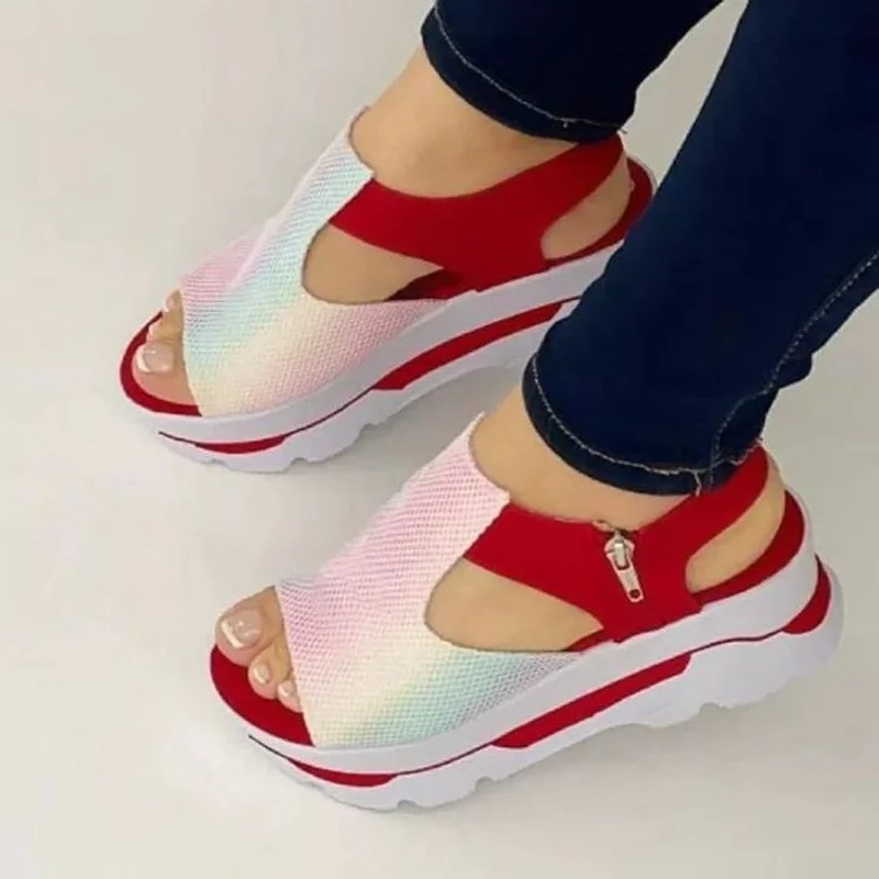 

New Womens Zipper Beach Sandals Pu Leather Wedges Fashion Style Peep Toe Sandals Flat Sandals