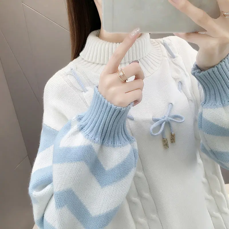 

Hikigawa Casual Contrast Color Striped Women Sweaters Turtleneck Long Sleeve Knitted Pullovers Sweet Chic Fashion Loose Jumpers