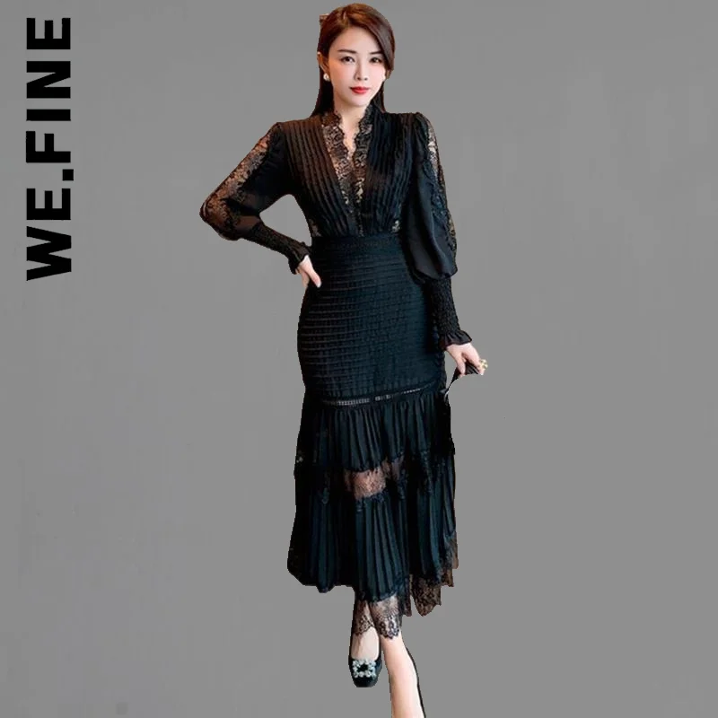 

We.Fine Women Dress V Neck Lantern Sleeve Patchwork Lace Bodycon Slim Long Dress Soft Robe Elastic Clothing Female Vestidos