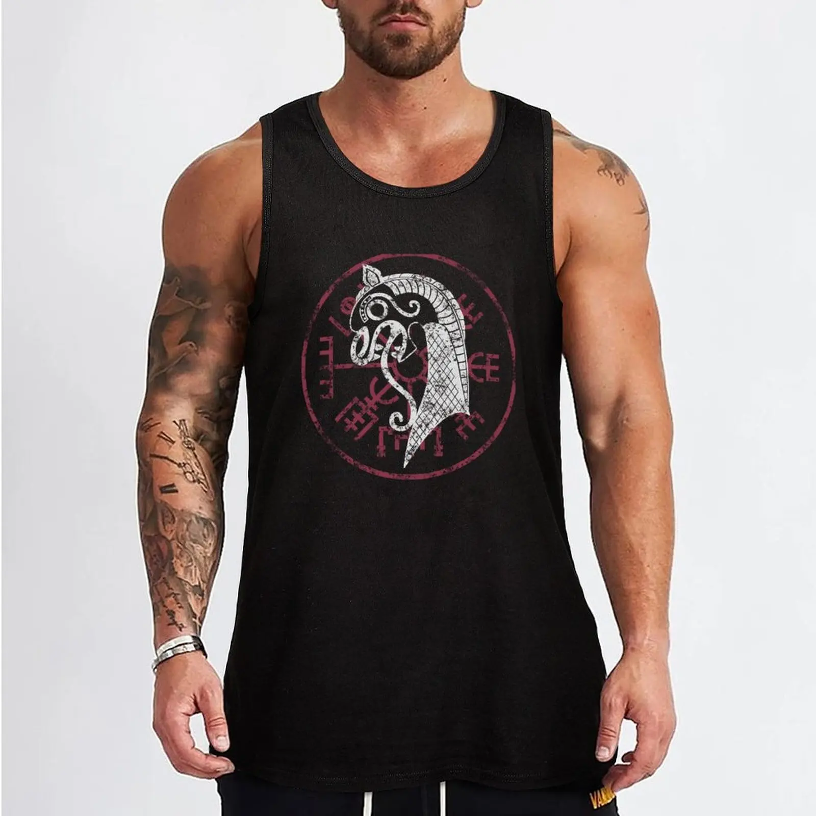 Viking Prow Beast Vegvisir Wayfinder White Cotton Mens Tank Top