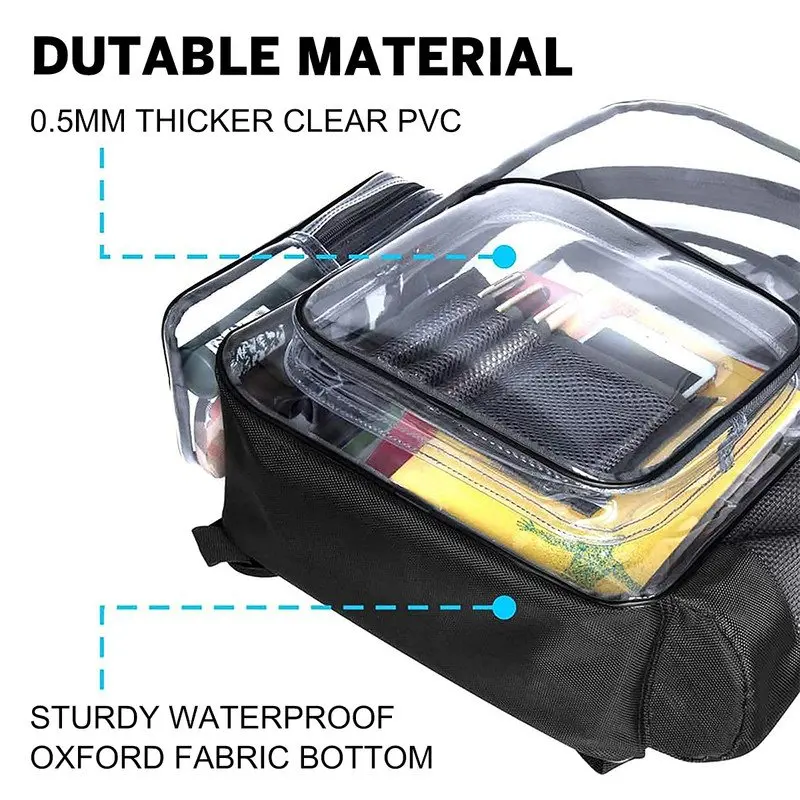 Large Clear Backpack Heavy Duty Stadium Approved School Bookbag Waterproof PVC Transparent Backpacks for Kids Adults Clear Bag w