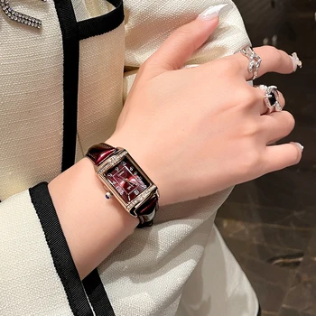 Luxury Brand Women Watches Fashion Square Ladies Quartz Bracelet Set Wine Red Simple Rose Gold Crystal Diamond Wristwatches