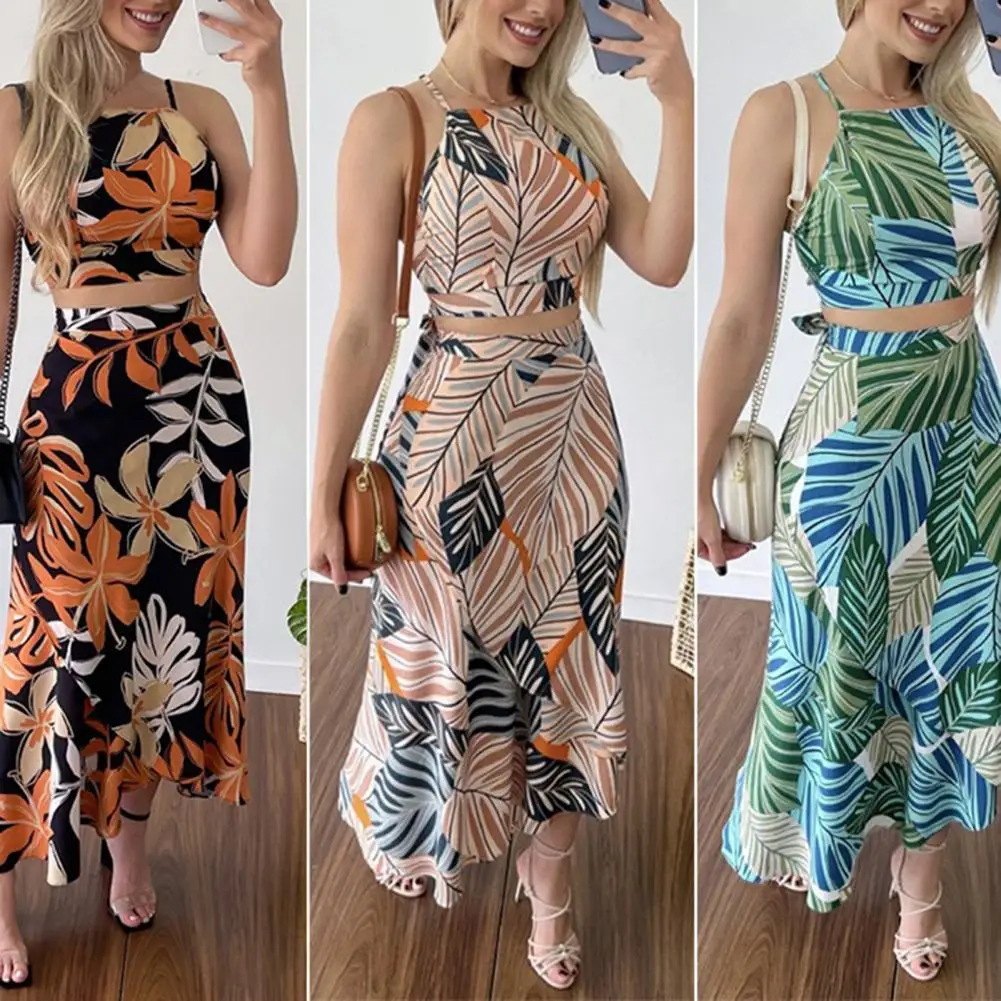 

2Pcs/Set Chic Sling Top Skirt Floral All-match Women Outfits Flower Print Women Outfits