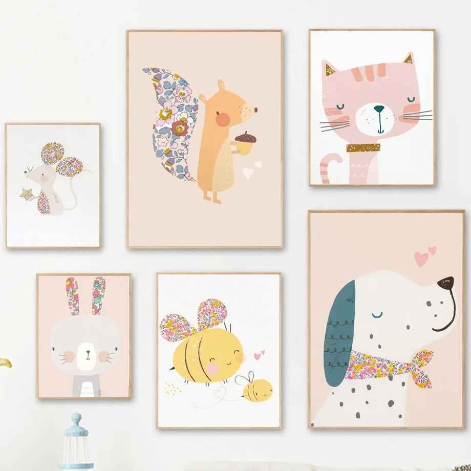 

Customizable Cute Rabbit Cat Dog Bee Mouse Squirrel Kids Room Painting Wall Art Nordic Poster Print Wall Picture Kids Room