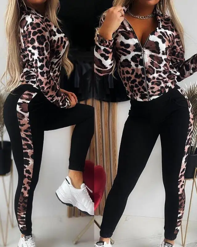 

Winter Clothes Women's New Two-Piece Fashion Leopard Print Zipper Top Coat and Pants Set Casual Sports Jogging Street Style