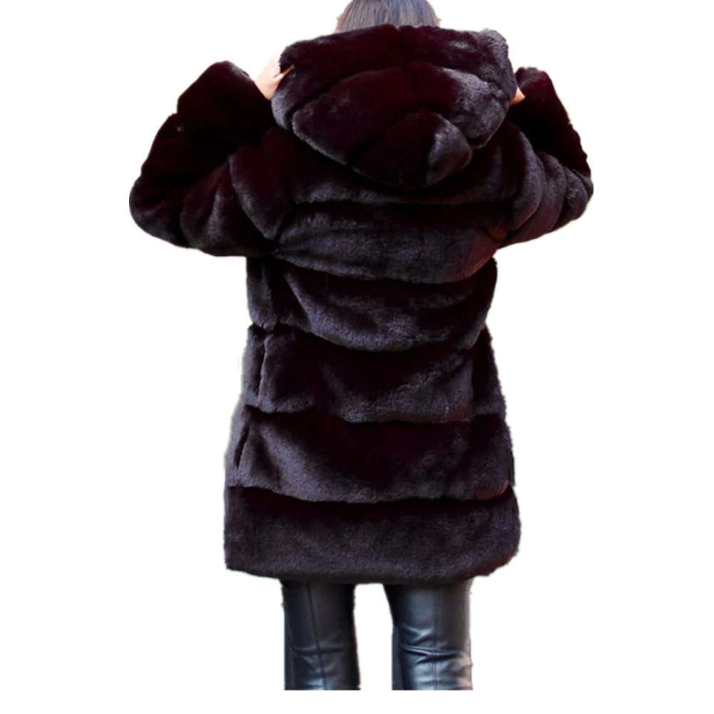 Lisa Colly Women Winter Thick Warm Faux Rabbit Fur Coat Jacket Long Sleeves Faux Fox Fur Coat Overcoat With Hooded Furs Coats