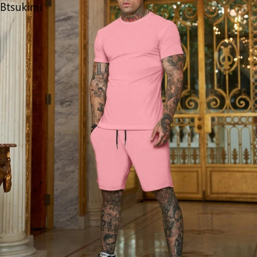 2023 Summer 2PCS Tracksuit for Men Short Sleeve T-Shirt+Shorts 2 Piece Set Sports Suit Men Solid Gyms Fitness Sportswear Sets