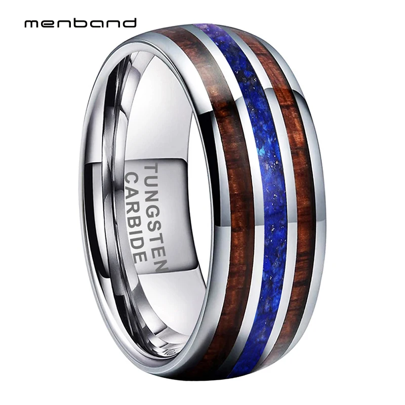 

8mm Tungsten Carbide Rings Engagement Wedding Band Blue-Lapis Koa Wood Inlay for Men Women Domed Comfort Fit