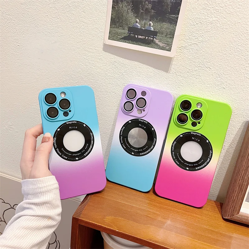 

Gradient Color Magnetic Logo Hole Hard Plastics Phone Case For iPhone 14 13 12 11 Pro Max For Magsafe Wireless Charging Cover