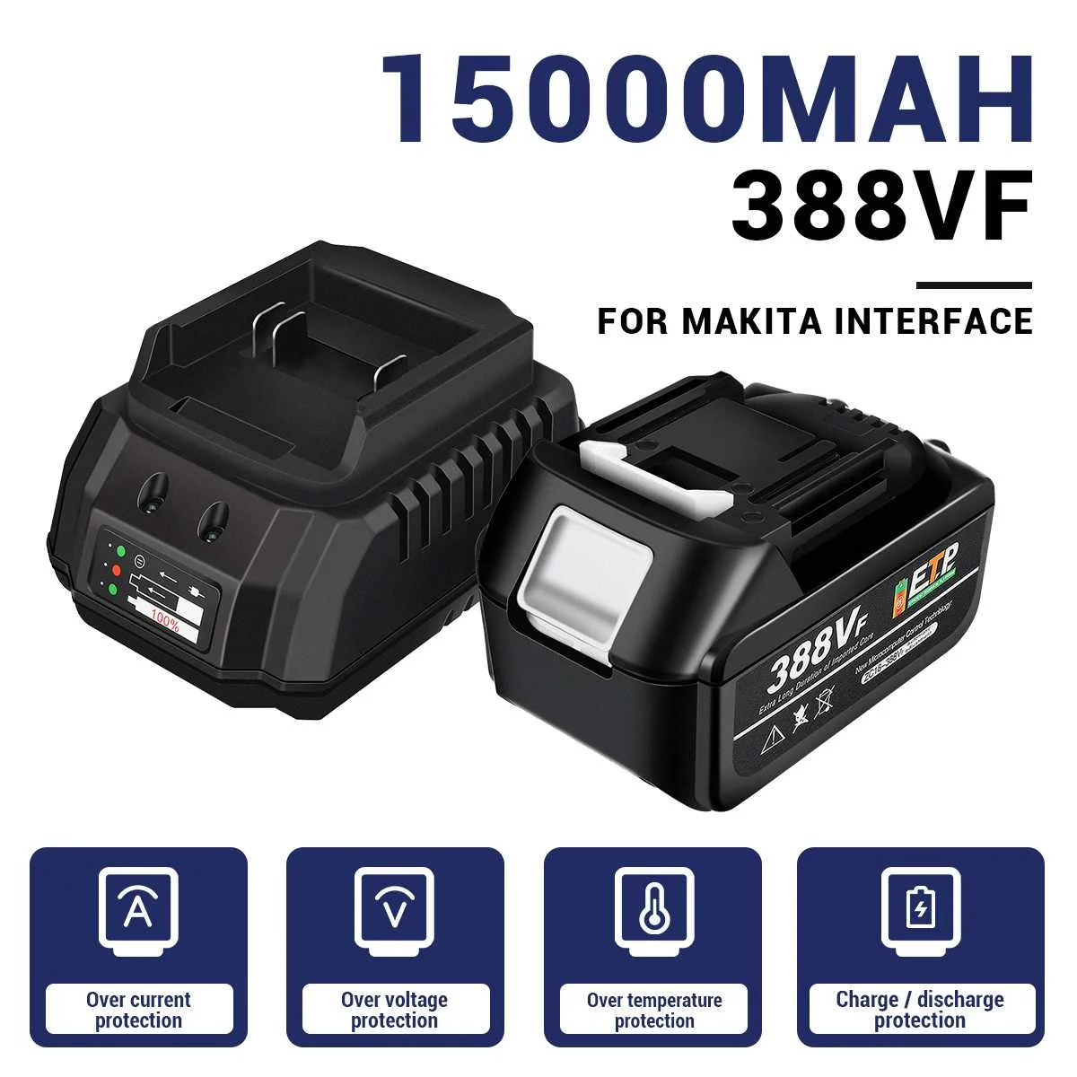 

Перезаряжаемая батарея 388VF для интерфейса Makita, литиевая батарея 15000 мАч для электрического гаечного ключа, дрели, электроинструментов, 1 комплект