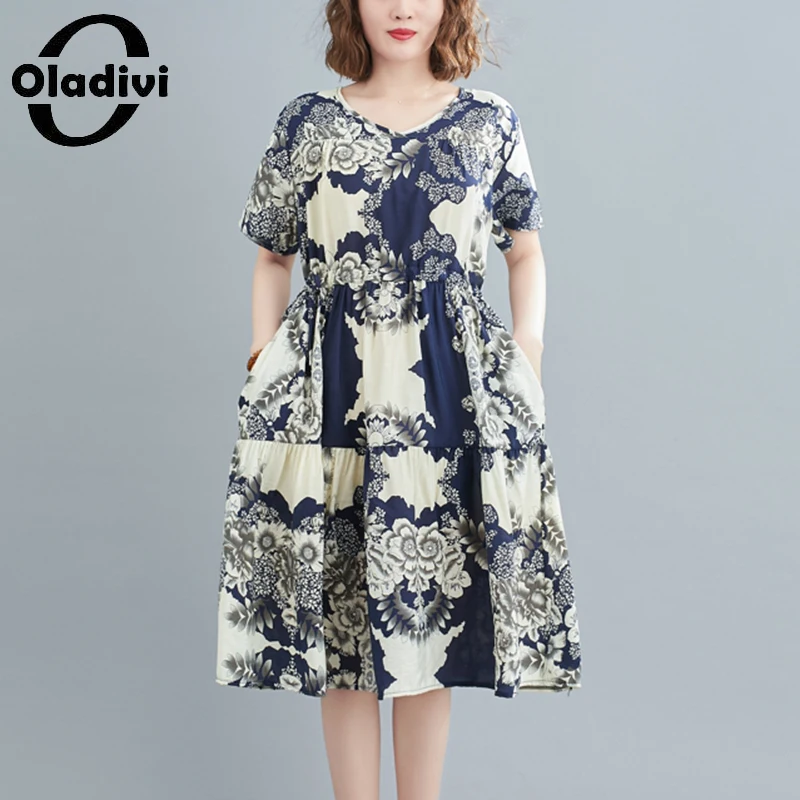 

Oladivi Oversized Women Fashion Print Casual Loose Dress 2022 Summer New Midi Dresses Vintage Ladies Tunics Robe Vestidios 5061