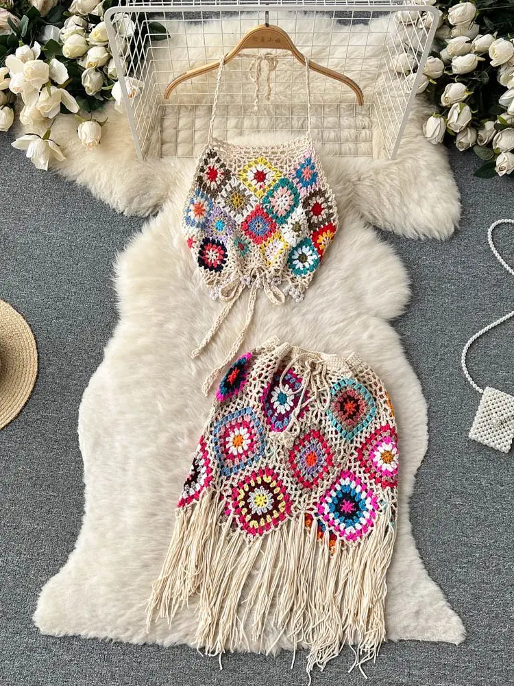 

Женский вязаный костюм с юбкой, комплект из двух предметов для пляжа и отдыха на море