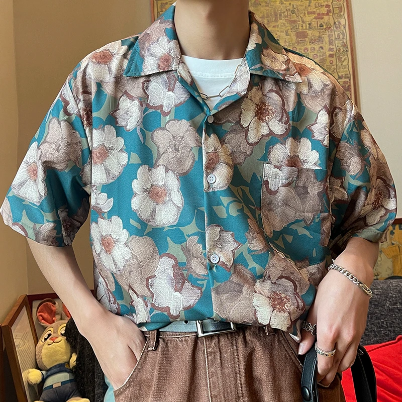 

Men's Short Sleeve Shirt 2022 New Retro Abstract Oil Painting Short Sleeve Shirt Men's Loose Casual Versatile Lapel Flower Shirt