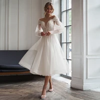 white wedding dress short illusion sheer v neck puff long sleeves mini wedding gown for bride tulle applique bridal dresses 2022
