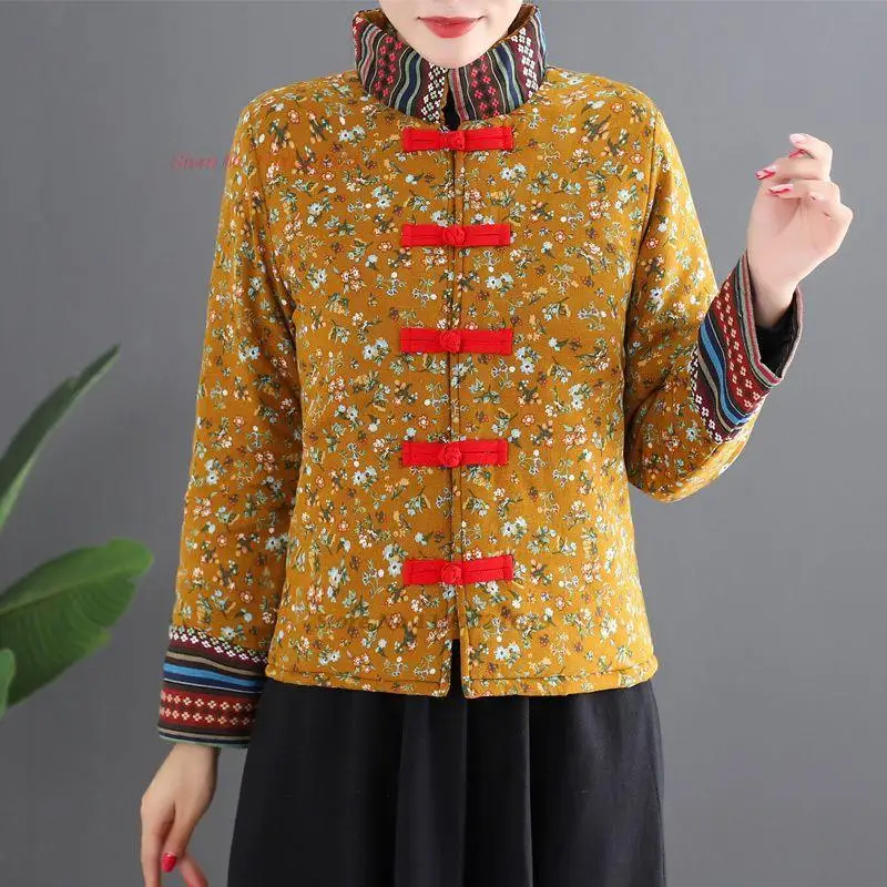 

2023 китайское винтажное пальто, Восточное этническое пальто с воротником-стойкой, традиционное льняное пальто из хлопка с цветочным принтом, пальто с хлопковой подкладкой