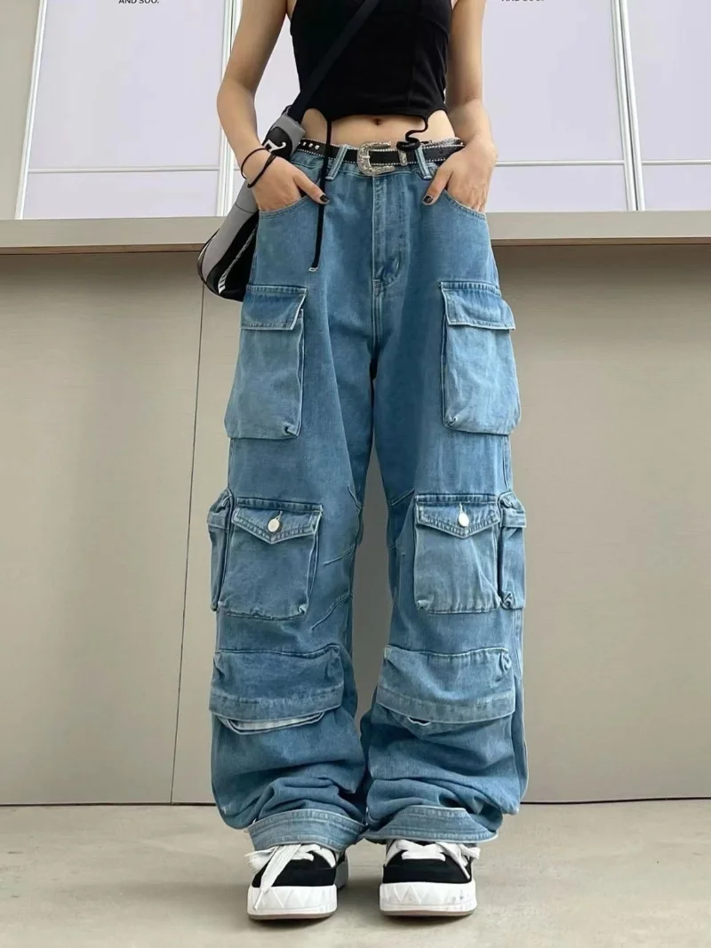 Women Multi-Pocket Blue Washed Cargo Pants Retro High Street High Waist Jeans Couple Harajuku Casual Wide Leg Pants Grunge Y2k