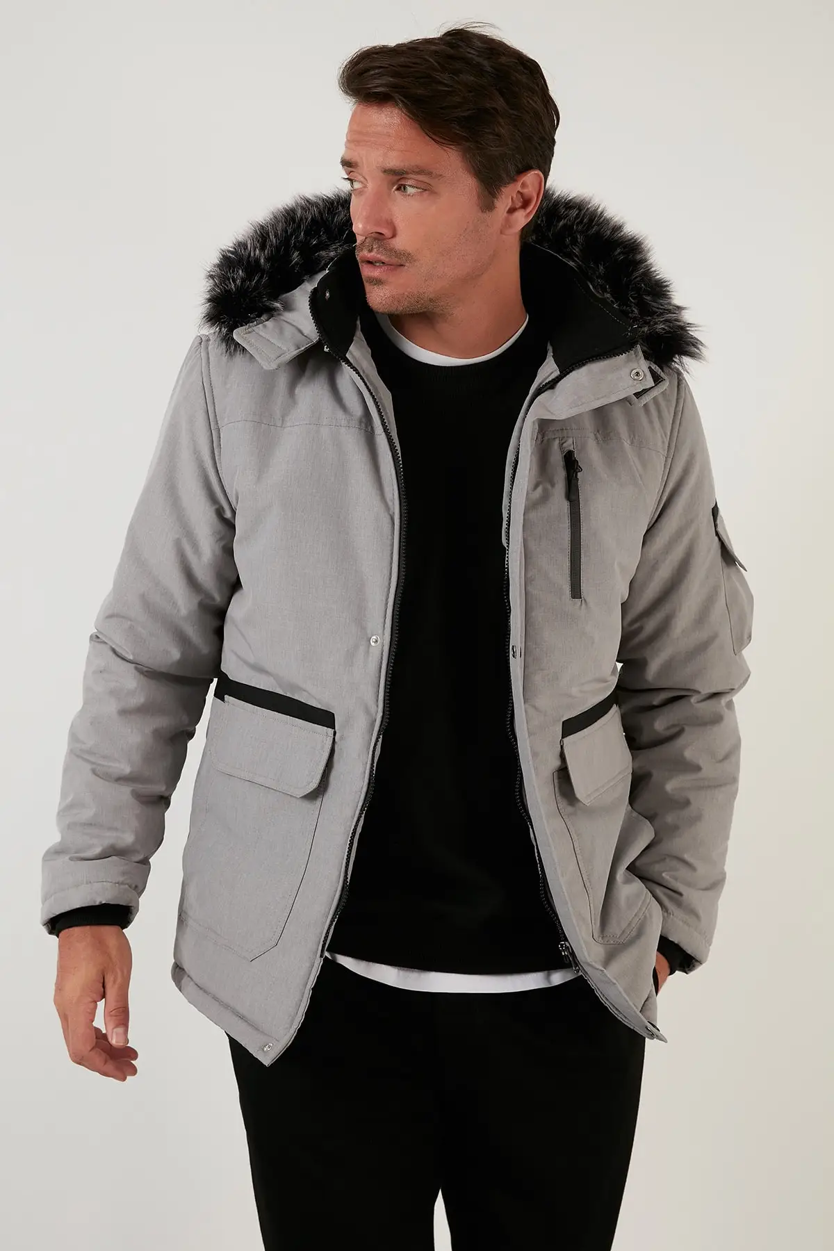 Cotton Plusus Lined Collar Hairy Detachable Hooded Slim Fit Coat 5711051