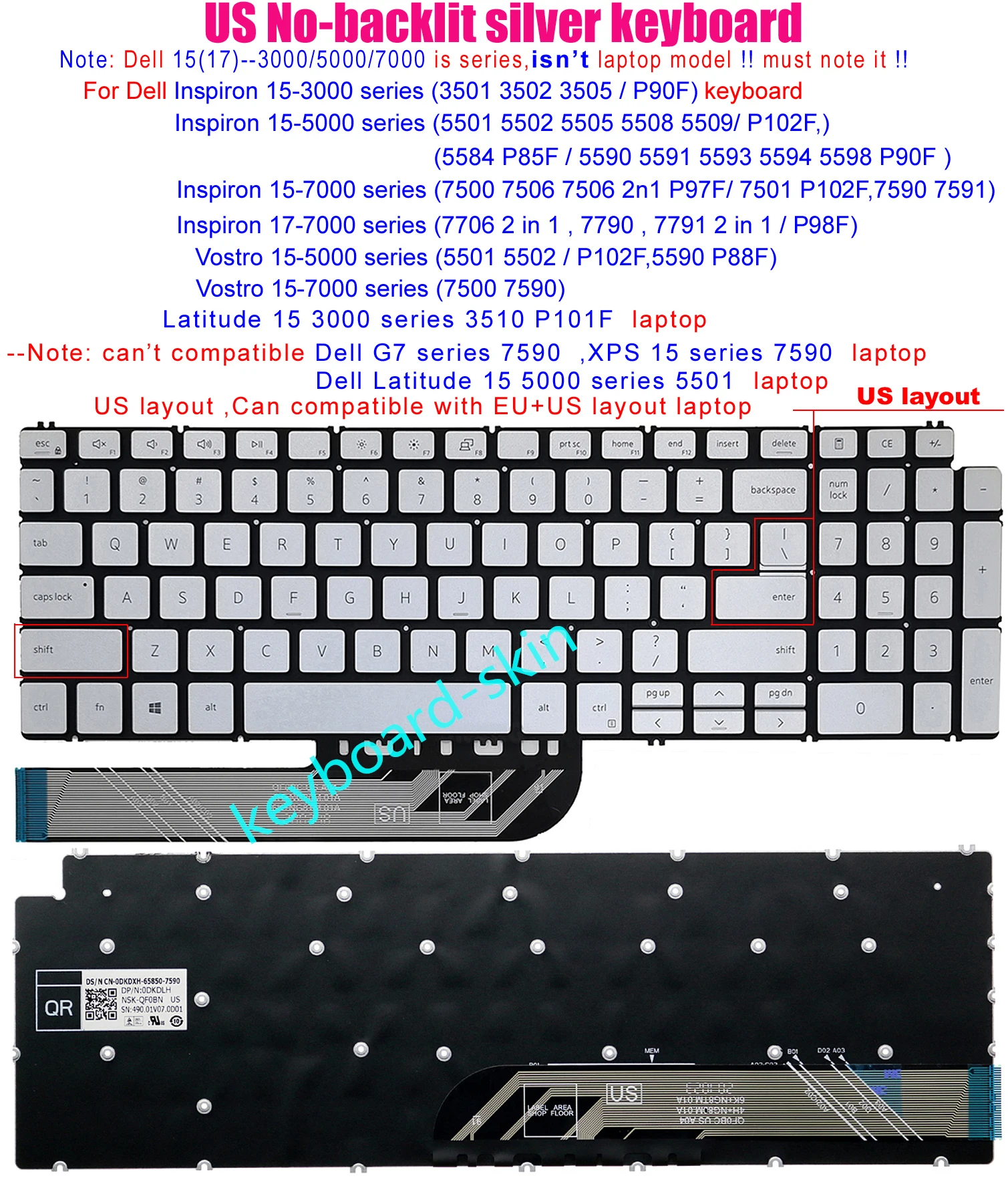 

Новая серебряная Клавиатура США без подсветки для Dell Inspiron 15-3501 3502 3505 15-7590 15-7591 5584 5590 5591 5593 5594 5598 P85F P90F