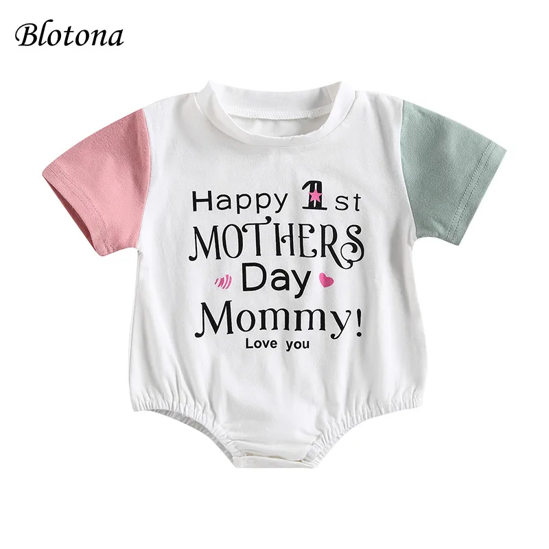 

Blotona Baby Girls Summer Casual Romper Short Sleeve O-Neck Mother's Day Letter Print Contrast Color Playsuit 0-18Months