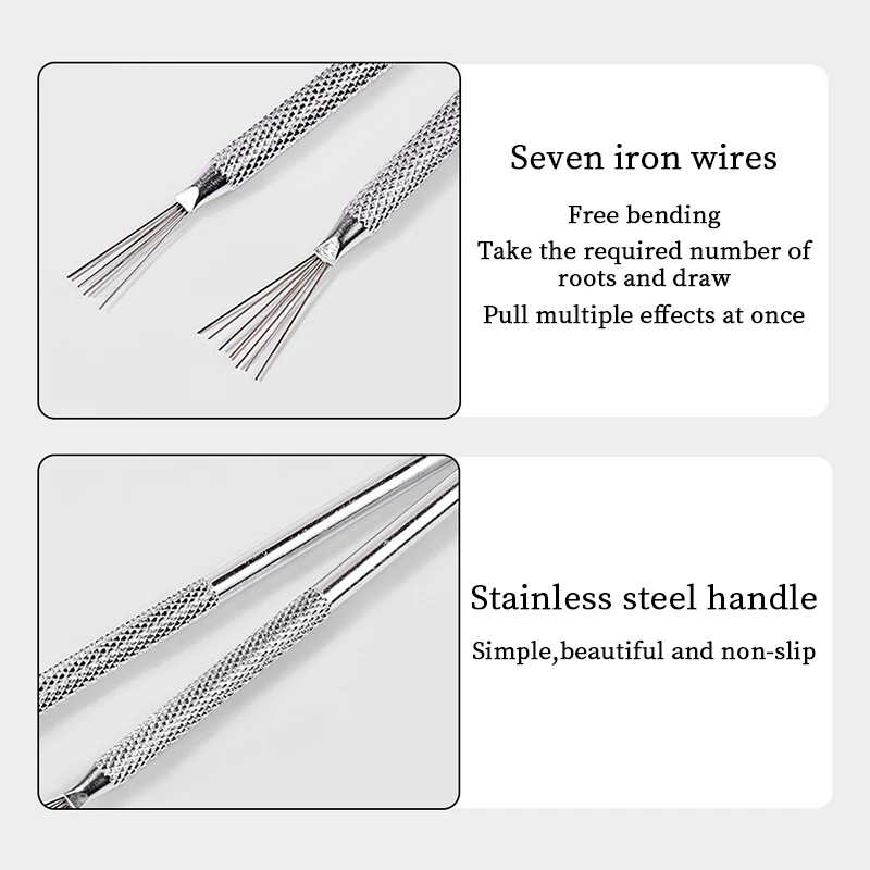 7 Pin Stripe Steel Nail Brush Liner Ultra-thin Line Drawing Pen Manicure Wood UV Gel Brushes 3D Tips Painting Tools