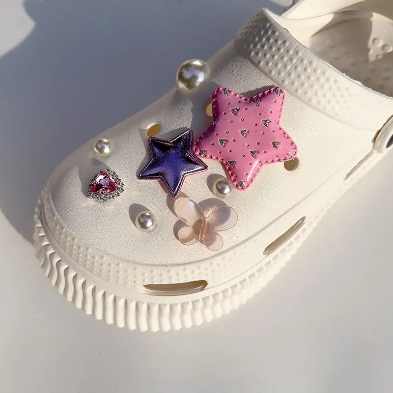 Y2K Pink Stars Angel Butterfly Shoes Charms Vintage Bling Heart Starry Sky Pearls Clogs Accessories Vintage Shoe Jewelry Gifts