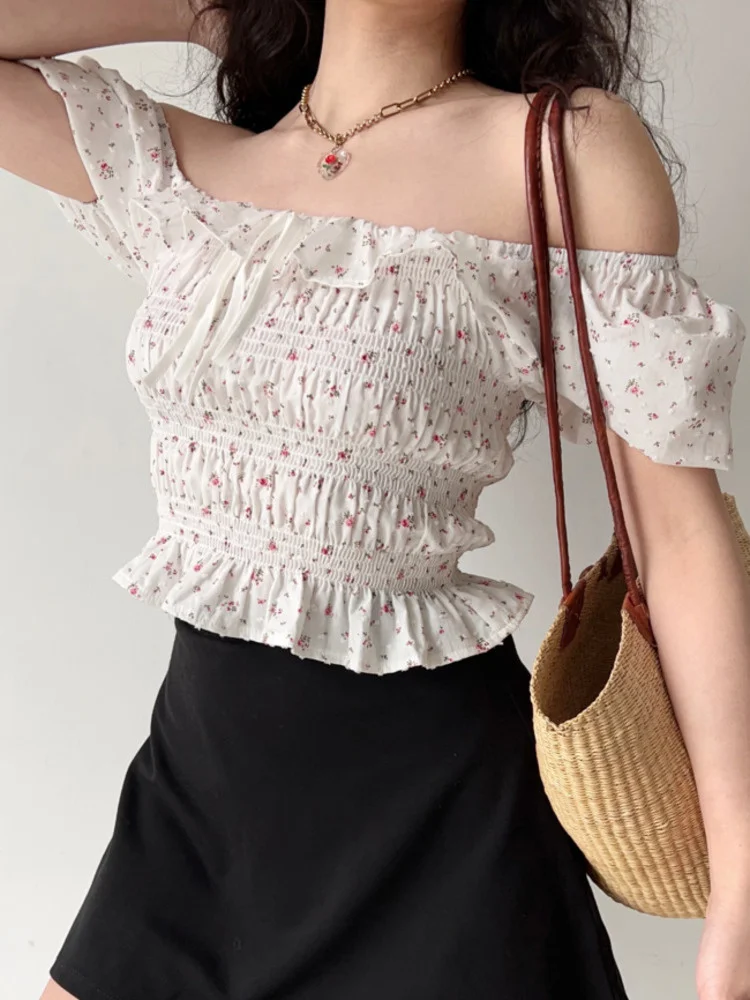 

White New Sweet Printed French Ruffle Puff Sleeve T-Shirt Women's Summer Square Collar Folds Slim Short Fashion Top NDMU