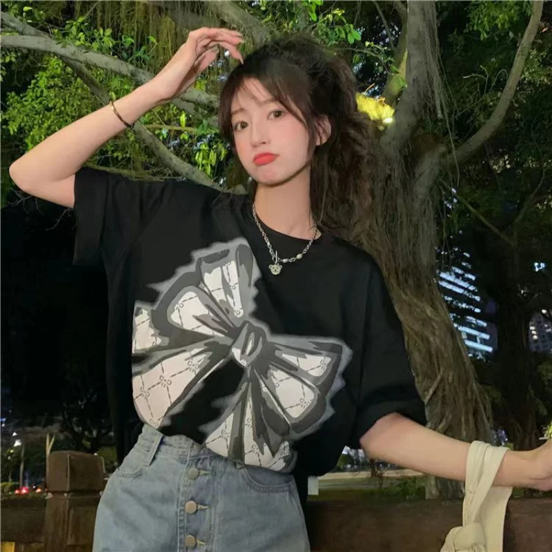 

Футболка женская свободного покроя с большим бантом, Повседневная рубашка в стиле бохо, с коротким рукавом, в японском стиле, в стиле Kpop, бел...