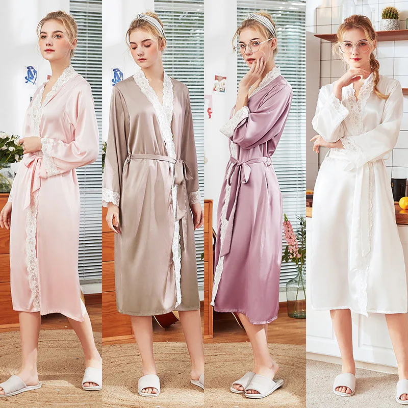 

Women Satin Silk Sleep Dress Long Sleeve Lace Maxi Dress Robe Pajamas