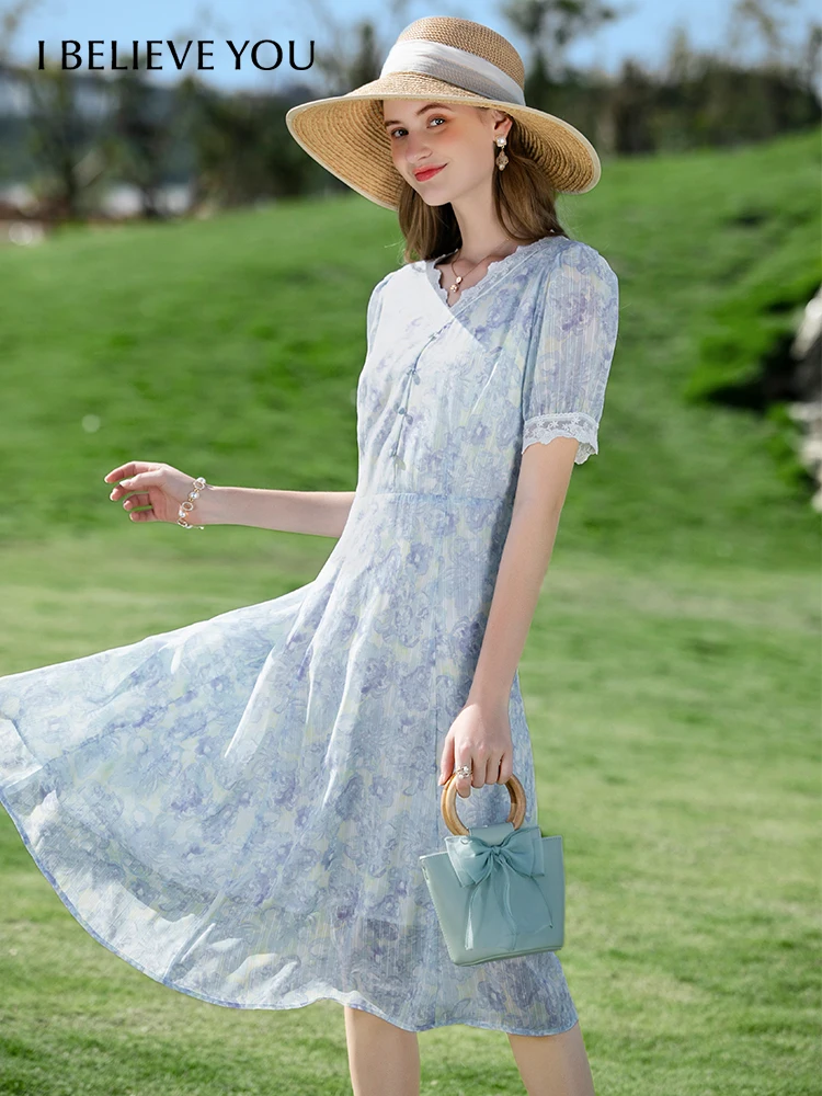 I BELIEVE YOU Summer Elegant Printed Woman Dress French Sweet Floral Chiffon Vneck Short Sleeve Slim Mid-calf Vestido 2222094467