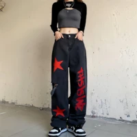 hip hop american style black baggy jeans women high waist vintage trousers stars printed graffiti letters wide leg ripped pants