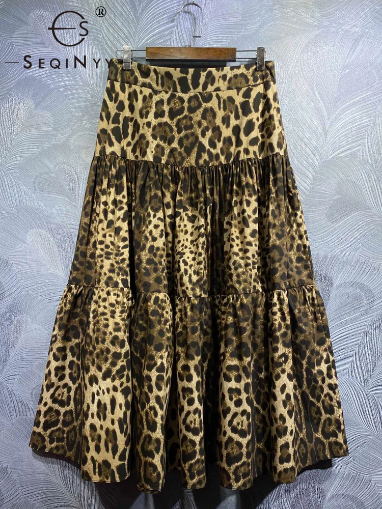 SEQINYY 100% Cotton Skirt Summer Spring New Fashion Design Women Runway High Quality Vintage Leopard Print Sicily A-Line