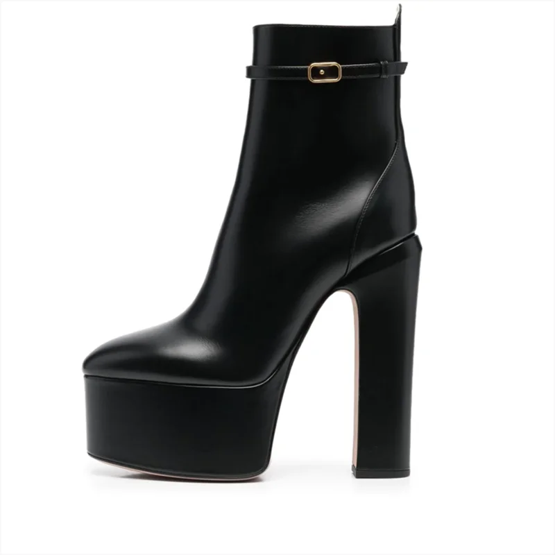 Concise Buckle Black Round Toe Booty Short Shoes for Women Warm Winter Ankle Boots Genuine Leather Platform Block High Heel Zip