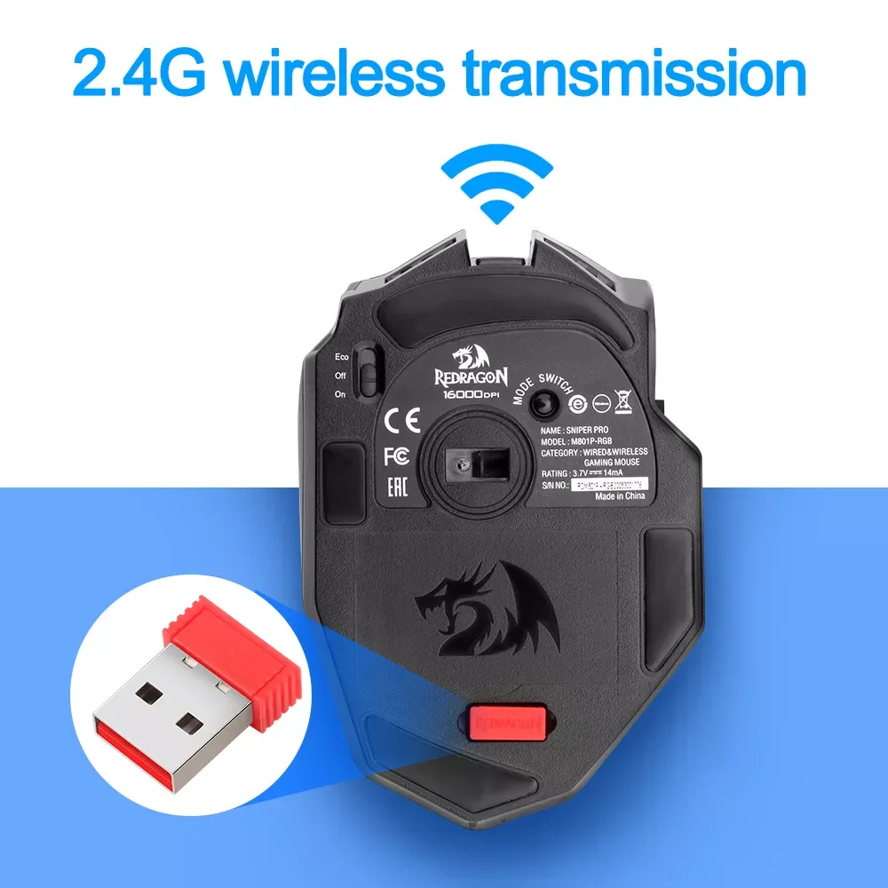 

2023 Redragon Sniper Pro M801P RGB USB 2.4G Wireless Gaming Mouse 16400DPI 10 buttons Programmable ergonomic for gamer Mice lapt