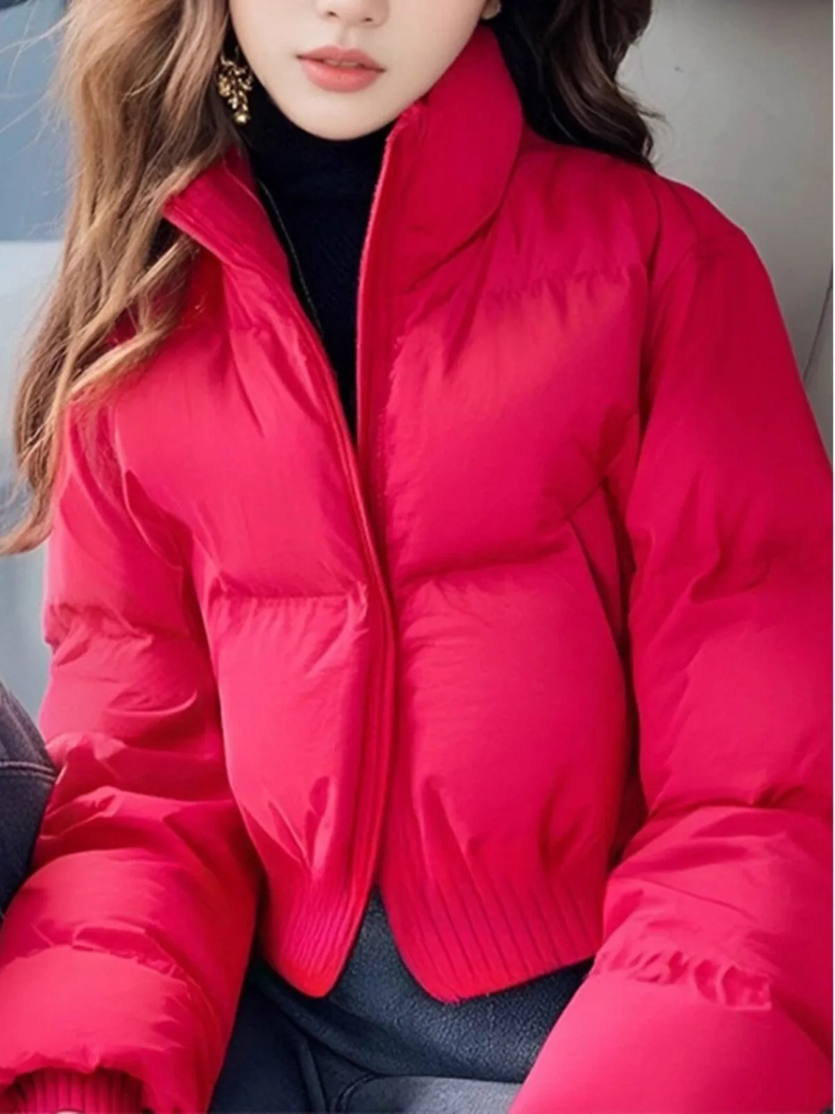 Rose Red Stand Collar Quilted Bread down Jacket Cotton-padded Clothes Cotton-Padded Women 2024 New Winter Black Tea St...