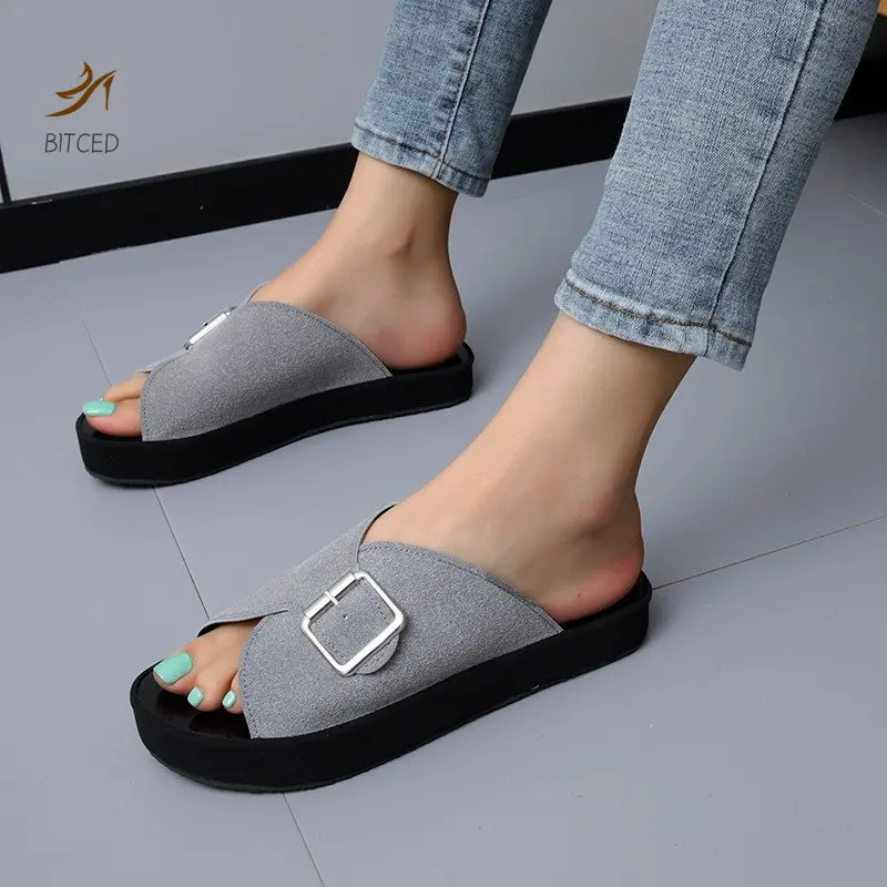

Women Slippers 2023 New Summer Fashion Metal Buckle Women Flats Sandals Casual Platform Ladies Slides Women Beach Shoes