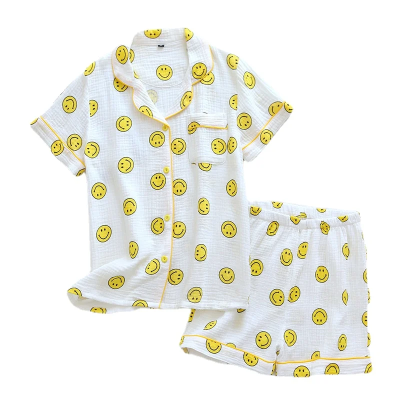 Summer Women's Nigtwear Cotton Gauze Short-sleeved Shorts Pajamas Suit Women's Crepe Happy Face Thin Lounge Home Pajamas Female