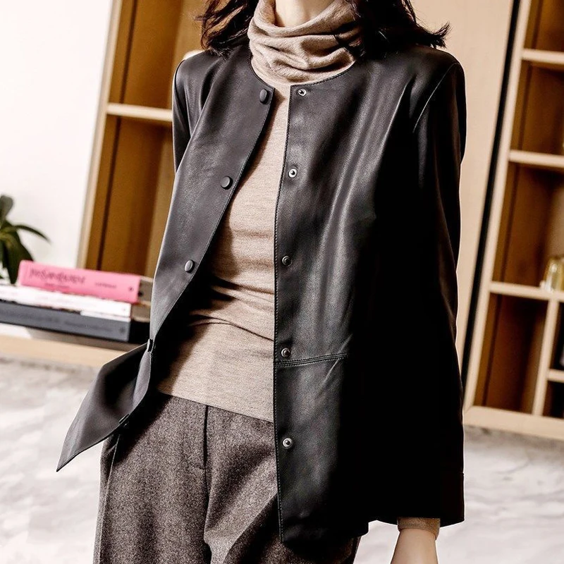 Solid Basic Women Pu Leather Jackets Office Ladies korean  Leather Coats Single Breasted O-Neck Soft  Female Leather Jackets