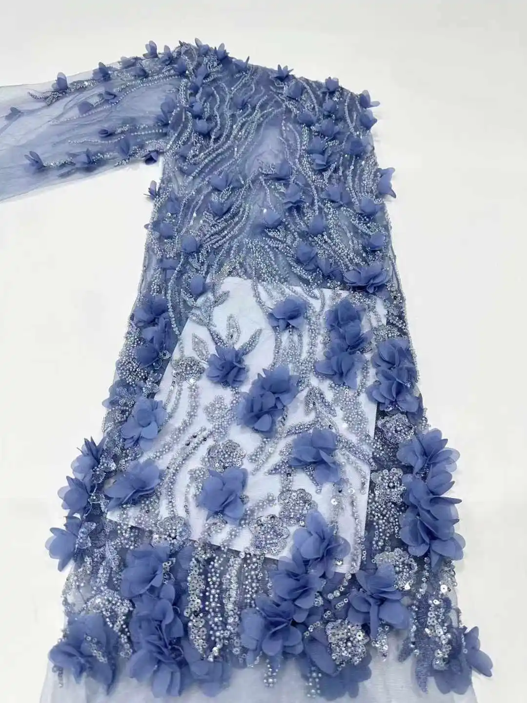 Новейшая французская кружевная ткань с 3D цветами и блестками 2024