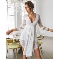 chicme women surplice neck bell sleeve draped lace dress 2022 summer v neck solid white long sleeve see through sexy mini dress