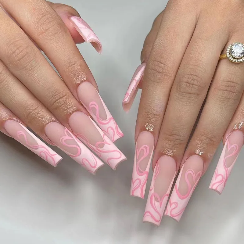 

24pcs Matte Natural Nude Pink Nails Sticker French Ballet Rhinestone Heart Lines False Nail Artificial Nail Full Cover Wearable