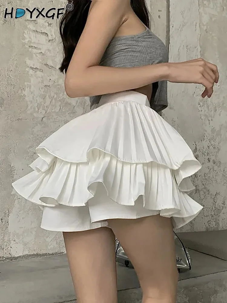 

New In 2023 Summer Mini Double-layer Hottie Girl Cake Elastic Design High Waist Double Pleats Wrap Hip Appear Thin Women’s Skirt
