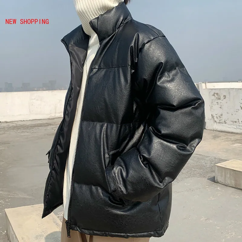High-Quality Warm PU Leather Oversize Paka New 2022 Autumn Winter Men Jackets Loose Puffer Parkas Short Coat Man Overcoat Black
