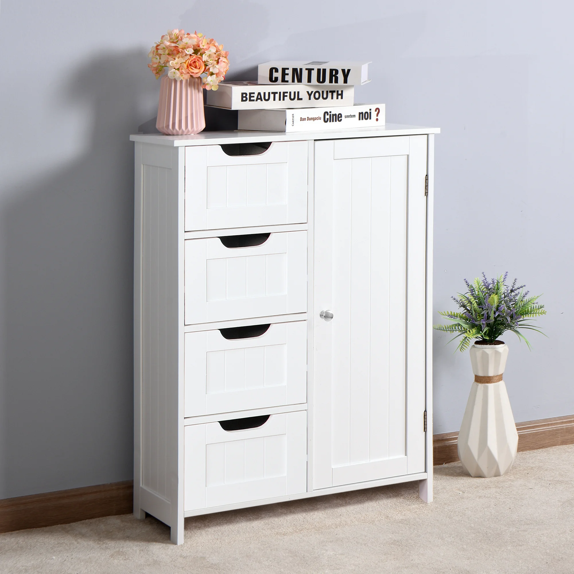 

Modern Bathroom Storage Cabinet, Wood Floor Cabinet with Adjustable Shelves and 4 Drawers - White