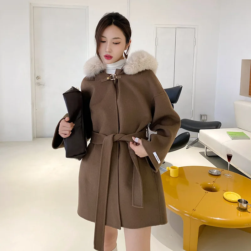 

New 2023 Women real fur woolen coats Quality Real Fox Fur Hooded Cashmere Blend Coat For Women Loose-fit Cape Style Outerwear