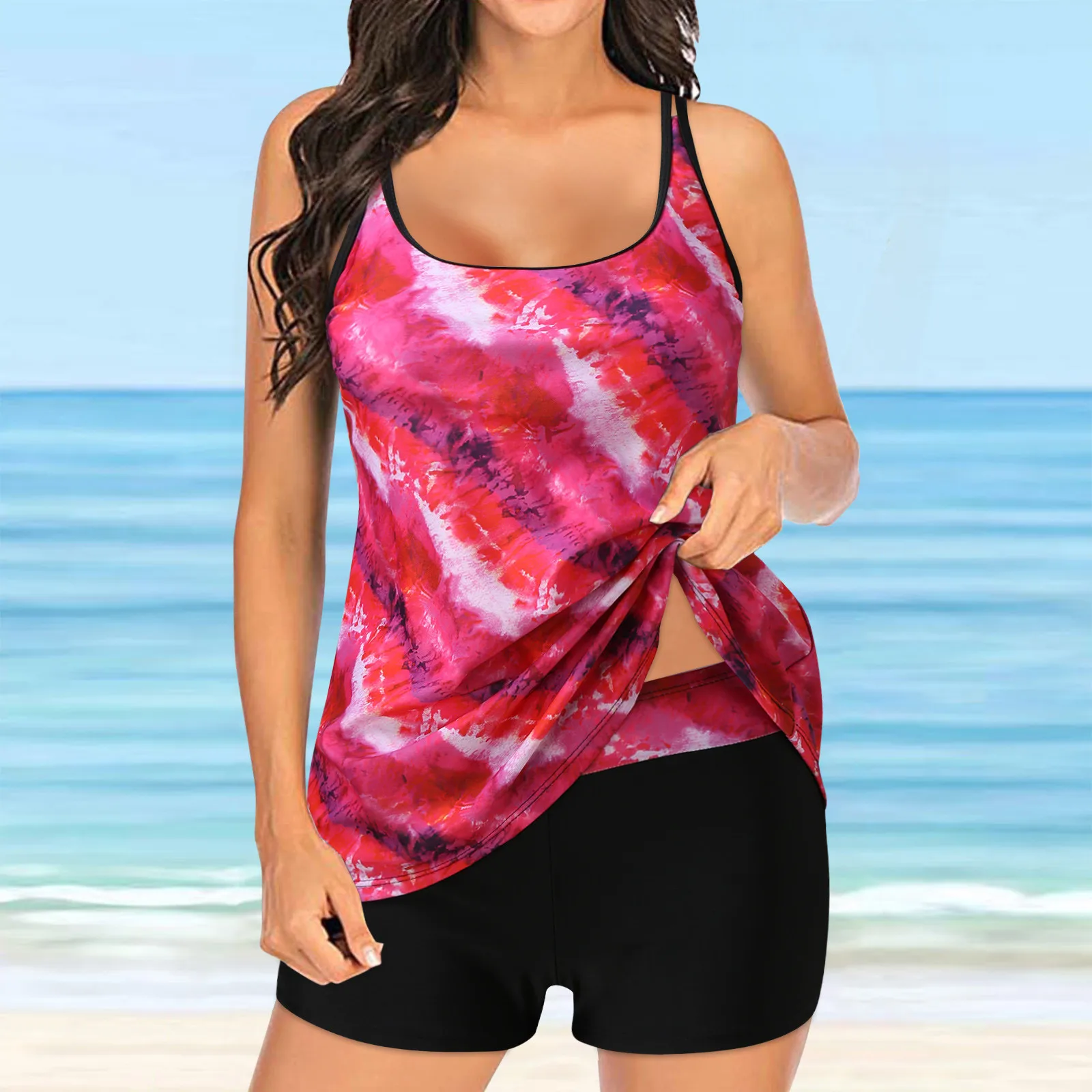 

Женский винтажный купальник-танкини, черный купальный костюм из двух предметов с принтом, с двойными лямками и шортами