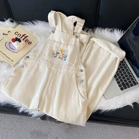 fashion embroidery white denim overalls women straps pants high waist wide leg pants casual loose female jumpsuit jeans 2022 new