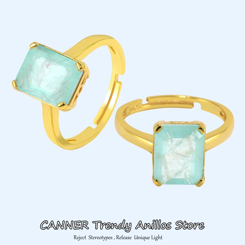 

CANNER 925 Sterling Silver Wedding Rings For Women Paraiba Lab Emerald Tourmaline Stone Opening Rings Engagement Party Jewelry