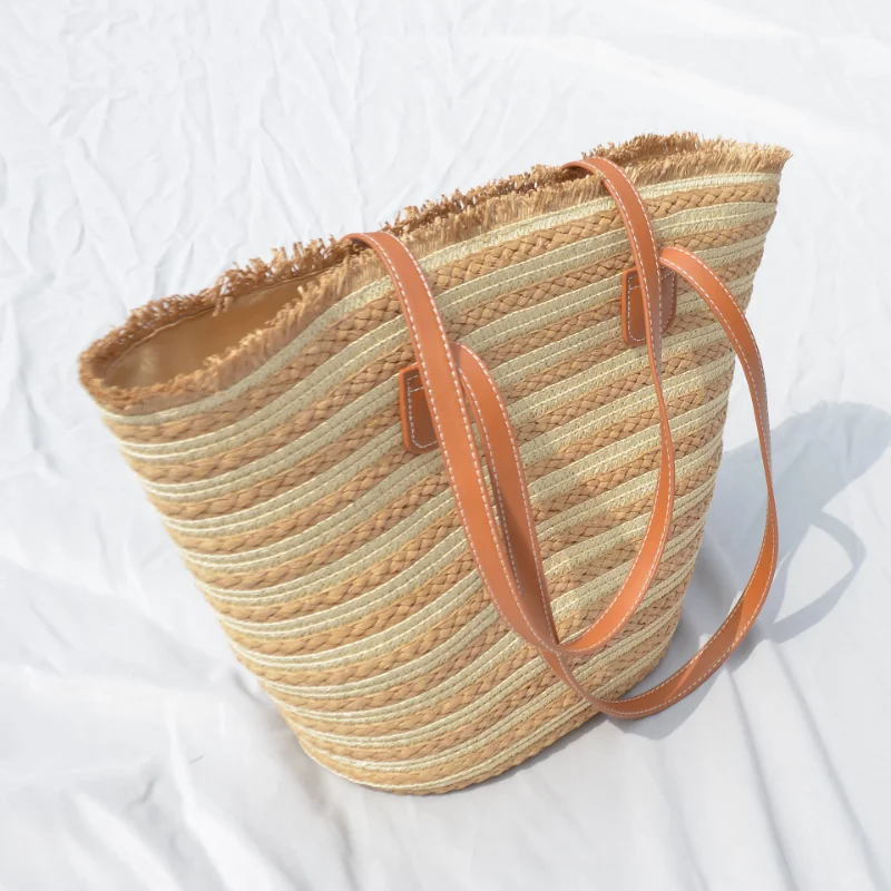Short Tassel Straw Bag Women's High Quality Hand Woven Striped Tote Bag Summer Beach Travel Shopping Bags Bolsa Feminina 2023