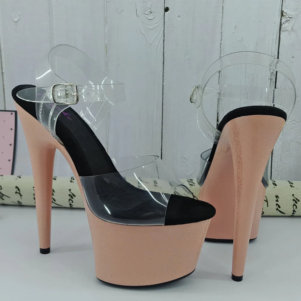 Leecabe  Brown Painting Stripe style high heel sandals 17cm/7inches sexy model shoes pole dance shoes