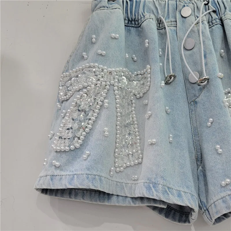 European Station 2023 Summer New Heavy Handmade Beaded Bowknot High Waist Loose Short Jeans Slimming Wide-Leg Denim Shorts